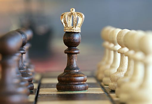 pexels-photo-260024-260024 A brown pawn with a crown stands prominently on a chessboard, symbolizing strategic play.